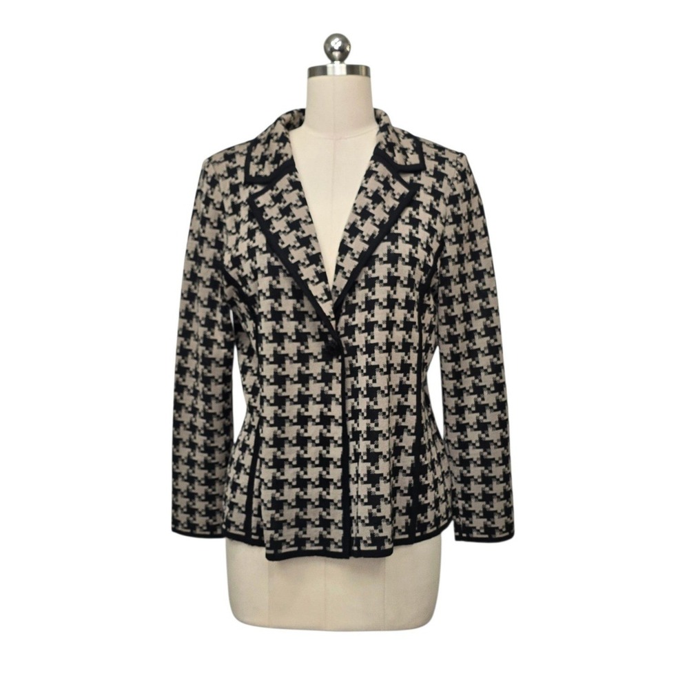 Ming Wang Womens Houndstooth Knit Blazer Jacket Black Tan Size Med Single Button
